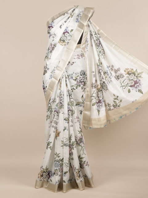 Pothys White Printed Linen Blend Saree