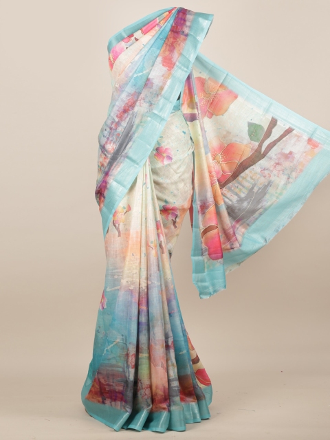 Pothys Multicoloured Printed Linen Blend Saree, Multi
