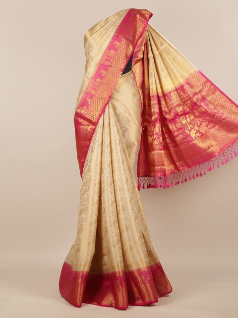 Pothys Cream-Coloured & Pink Jute Silk Woven Design Saree
