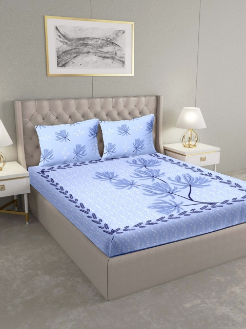 BELLA CASA Blue & Purple Floral 160 TC Cotton 1 King Bedsheet with 2 Pillow Covers