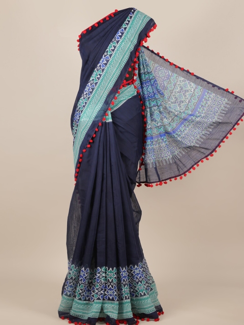Pothys Navy Blue Solid Linen Blend Saree