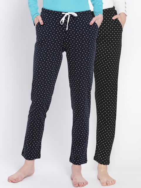 Kanvin Women Pack of 2 Black & Navy Blue Printed Lounge Pants