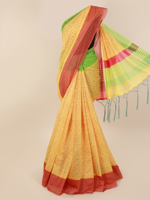 Pothys Yellow & Red Cotton Blend Printed Saree