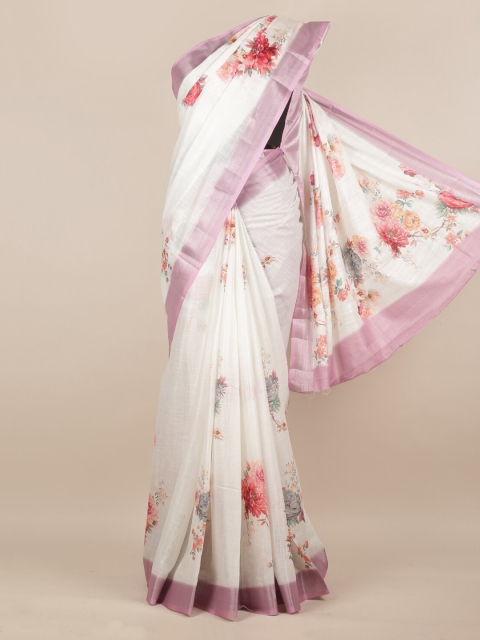 Pothys White Printed Linen Blend Saree