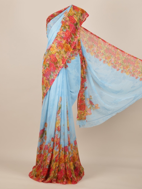 Pothys Blue & Red Poly Chiffon Solid Saree