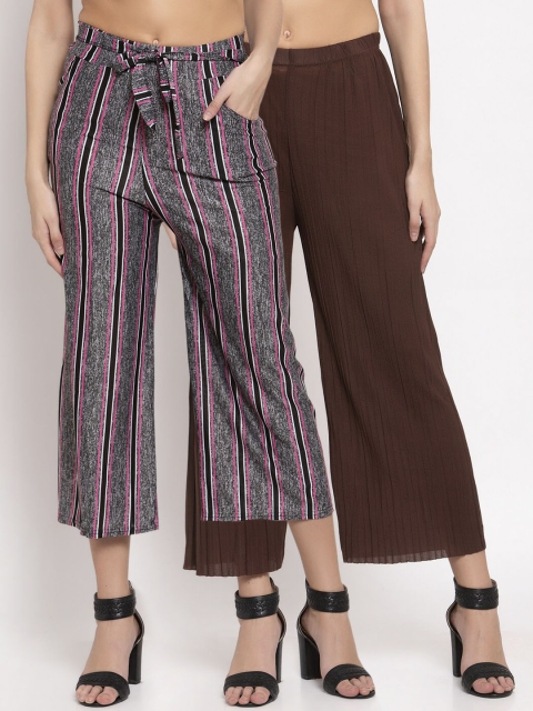 KLOTTHE Women Pack Of 2 Wide Leg Cropped Palazzos, Brown