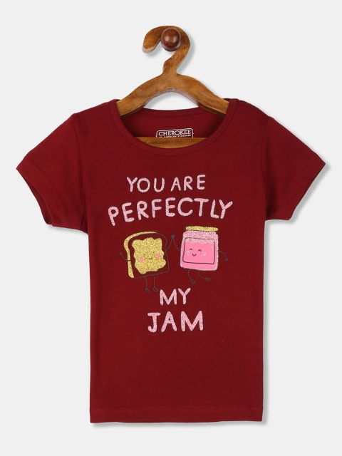Cherokee Girls Maroon Printed Round Neck T-shirt