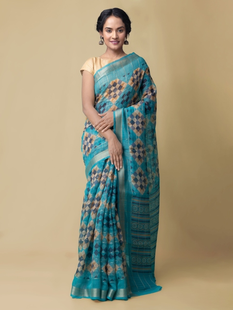 Unnati Silks Blue Pure Cotton Printed Uppada Saree