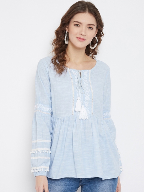 Madame Blue & White Floral Embroidered Tie-Up Neck Puff Sleeves Empire Top