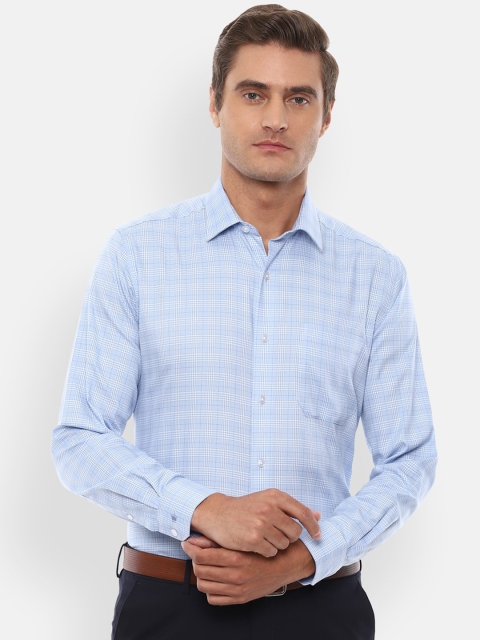 Louis Philippe Men Blue & White Slim Fit Checked Cotton Formal Shirt