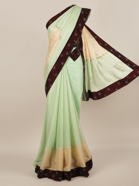 Pothys Cream-Coloured & Green Poly Chiffon Colourblocked Saree