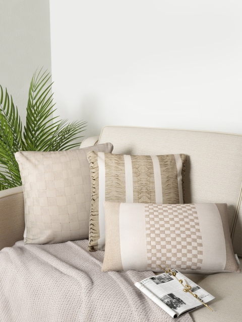 PETAL HOME Beige Set of 3 Self Design Square Cushion Covers