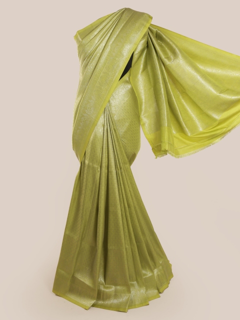 Pothys Lime Green & Silver-Toned Linen Blend Woven Design Saree
