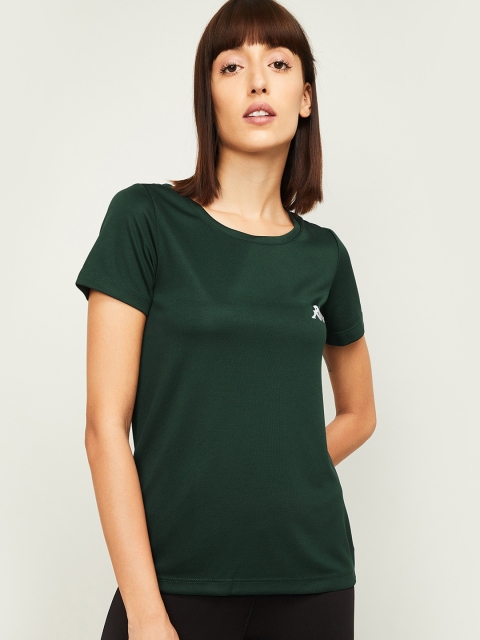 Kappa Women Olive Green Solid Boat Neck T-shirt