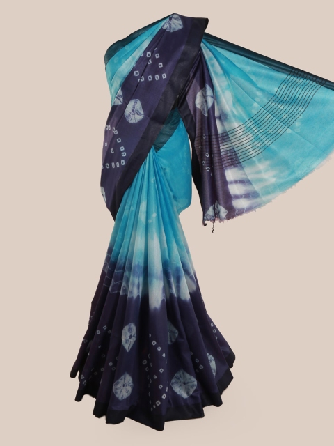 Pothys Blue & Off-White Linen Blend Colourblocked Saree