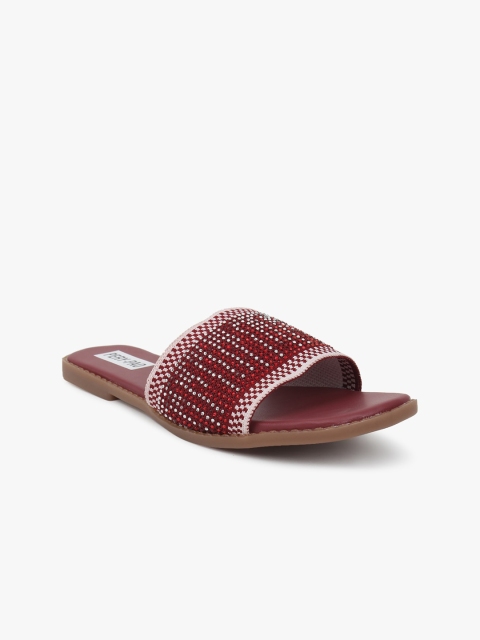 PERY PAO Women Maroon Woven Design Fabric Open Toe Flats