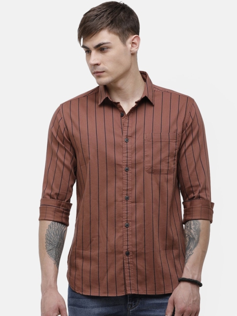 Voi Jeans Men Brown & Navy Blue Slim Fit Striped Casual Shirt