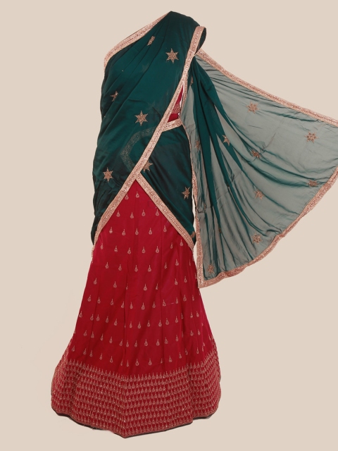 Pothys Green & Maroon Poly Chiffon Woven Design Lehenga Saree