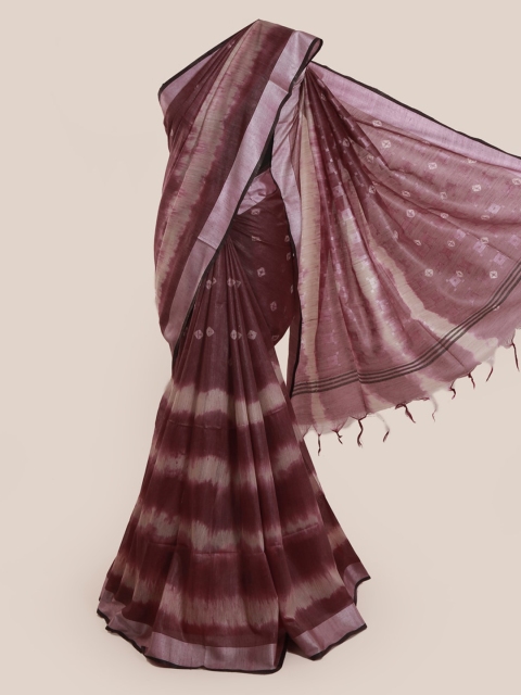 Pothys Burgundy & Silver-Coloured Linen Blend Dyed Saree