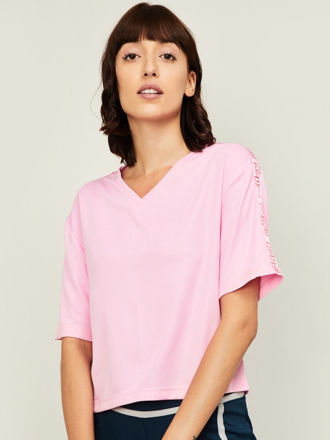 Kappa Women Pink Solid V-Neck Crop T-shirt