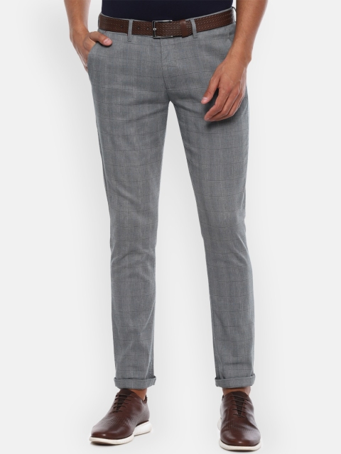 Van Heusen Men Grey Slim Fit Checked Regular Trousers