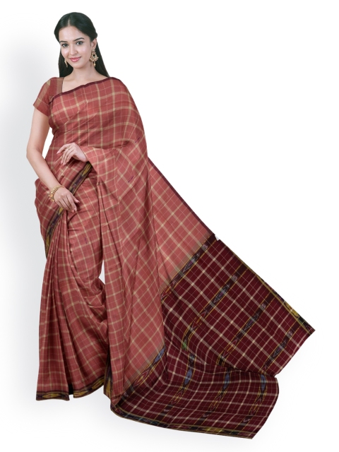 APCO Peach-Coloured & Maroon Pure Cotton Checked Saree