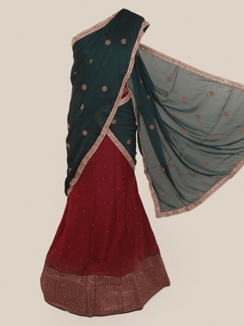 Pothys Green & Red Poly Chiffon Embroidered Traditional Half Saree