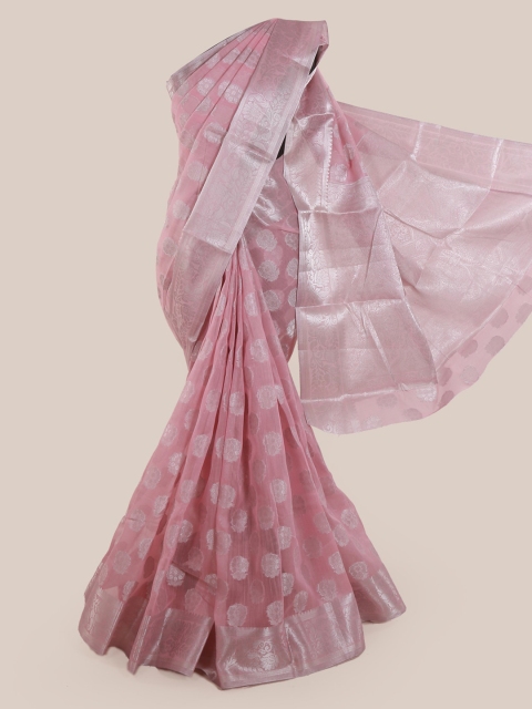 Pothys Pink & Silver-Toned Cotton Blend Woven Design Chanderi Saree
