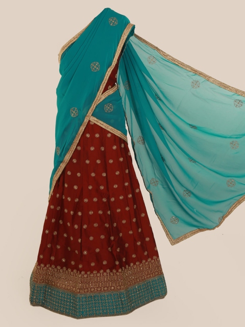 Pothys Blue & Maroon Poly Chiffon Embellished Lehenga Saree