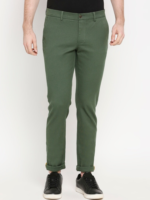 Basics Men Olive Green Tapered Fit Solid Regular Trousers