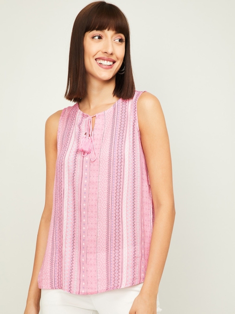 Fame Forever by Lifestyle Pink Striped Tie-Up Neck Regular Top
