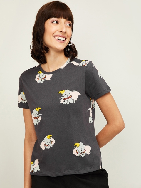 Ginger by Lifestyle Women Grey Printed Round Neck T-shirt