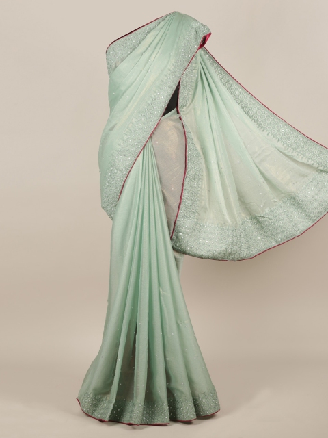 Pothys Green Solid Poly Chiffon Saree