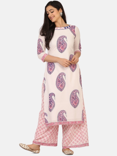 Shaily Off-White & Pink Pure Cotton Unstitched Dress Material