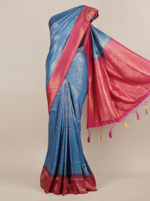 Pothys Blue & Gold-Toned Jute Silk Woven Design Saree With Tasseled Pallu