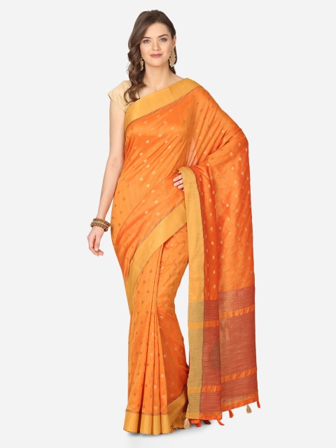 BOMBAY SELECTIONS Orange Poly Silk Checked Tussar Saree