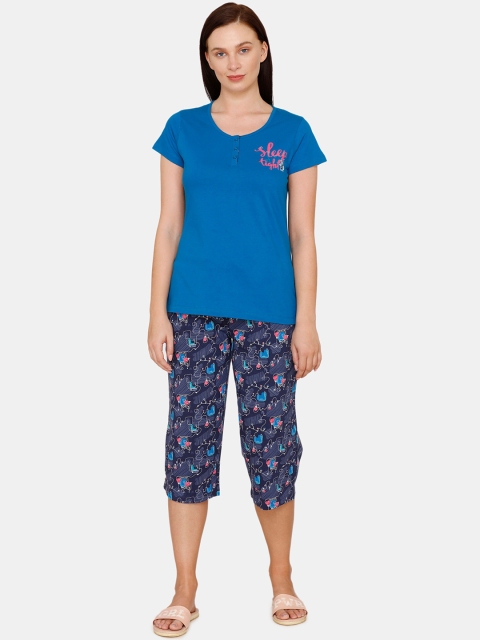 Zivame Women Blue & Pink Solid Night suit