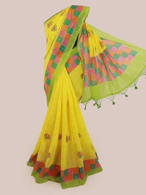 Pothys Yellow Checked Jute Cotton Saree