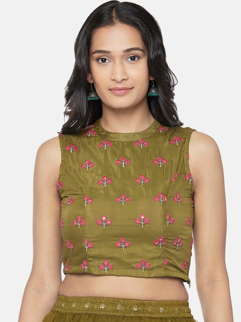Ethnicity Olive Green Printed Regular Crop Top