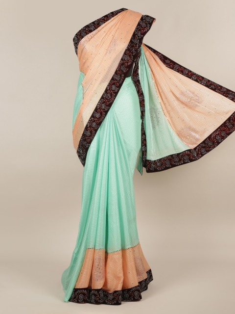 Pothys Peach-Coloured & Green Poly Chiffon Striped Saree