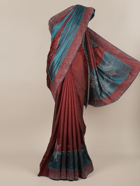 Pothys Maroon & Blue Jute Silk Colourblocked Saree