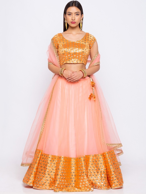 6Y COLLECTIVE Peach-Coloured & Mustard Sequined Semi-Stitched Lehenga Choli