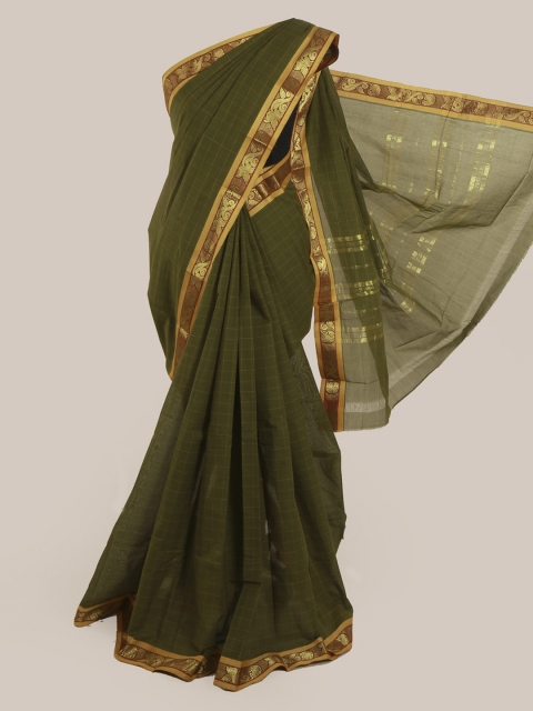 Pothys Green & Gold-Toned Pure Cotton Checked Saree