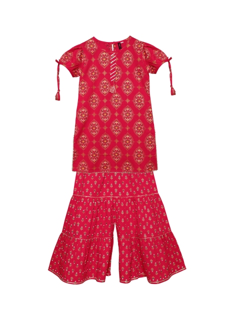 Ishin DESIGNER STUDIO Girls Red Printed Kurta with Sharara