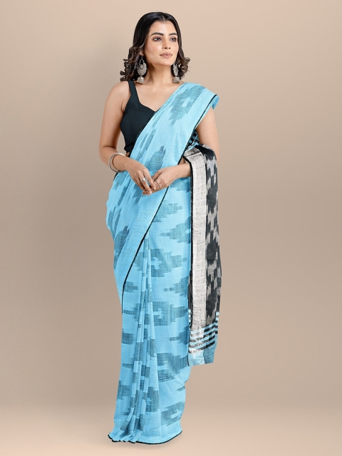 BharatSthali Blue & Black Pure Cotton Woven Design Ikat Saree