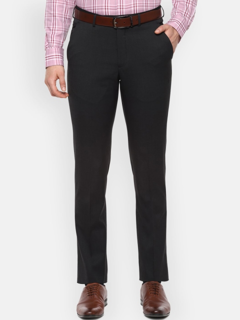 Luxure by Louis Philippe Men Charcoal Slim Fit Self Design Formal Trousers