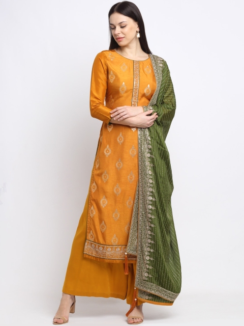 Stylee LIFESTYLE Mustard Yellow & Green Art Silk Unstitched Dress Material
