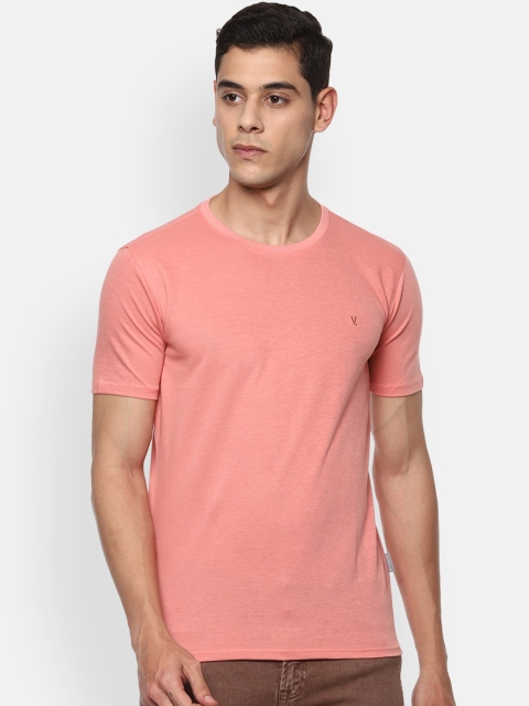 V Dot Men Peach-Coloured Solid Round Neck T-shirt