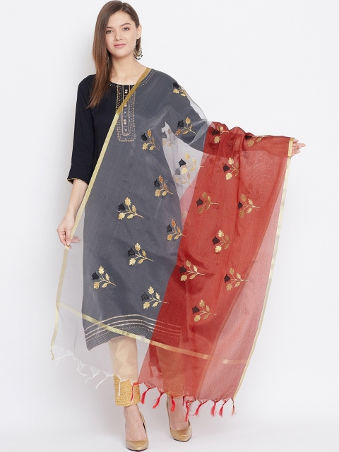 Clora Creation Grey & Orange Embroidered Double Shade Tissue Silk Dupatta
