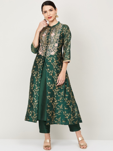 Melange by Lifestyle Women Green Self Design Kurti with Trousers